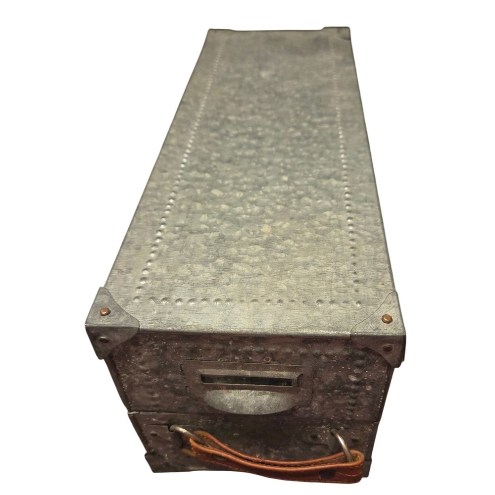 Vintage Galvanized Metal Industrial Storage Box Slanted Lid Leather Handle